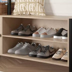 Meuble d'entrée VECELO avec banc et rangement à chaussures, portemanteau d'entrée 5-en-1 avec 9 crochets, étagères de rangement à 2 niveaux et portes en rotin, beige
