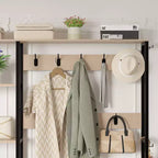 Meuble d'entrée VECELO avec banc et rangement à chaussures, portemanteau d'entrée 5-en-1 avec 9 crochets, étagères de rangement à 2 niveaux et portes en rotin, beige