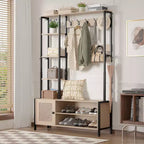 Meuble d'entrée VECELO avec banc et rangement à chaussures, portemanteau d'entrée 5-en-1 avec 9 crochets, étagères de rangement à 2 niveaux et portes en rotin, beige