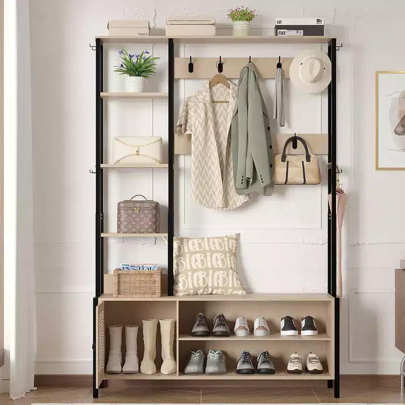 Meuble d'entrée VECELO avec banc et rangement à chaussures, portemanteau d'entrée 5-en-1 avec 9 crochets, étagères de rangement à 2 niveaux et portes en rotin, beige