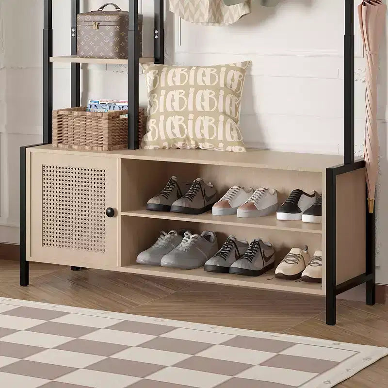 Meuble d'entrée VECELO avec banc et rangement à chaussures, portemanteau d'entrée 5-en-1 avec 9 crochets, étagères de rangement à 2 niveaux et portes en rotin, beige