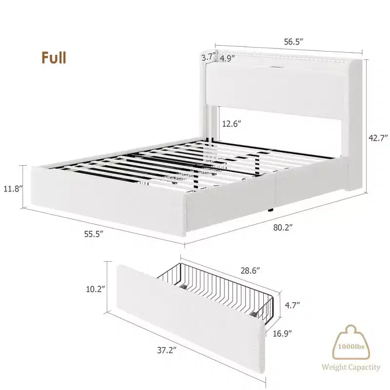 Lit capitonné Boucle avec tête de lit de rangement, station de recharge et lumières LED, cadre de lit plateforme à profil bas avec 4 tiroirs de rangement