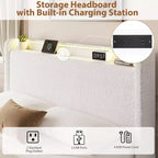 Lit capitonné Boucle avec tête de lit de rangement, station de recharge et lumières LED, cadre de lit plateforme à profil bas avec 4 tiroirs de rangement