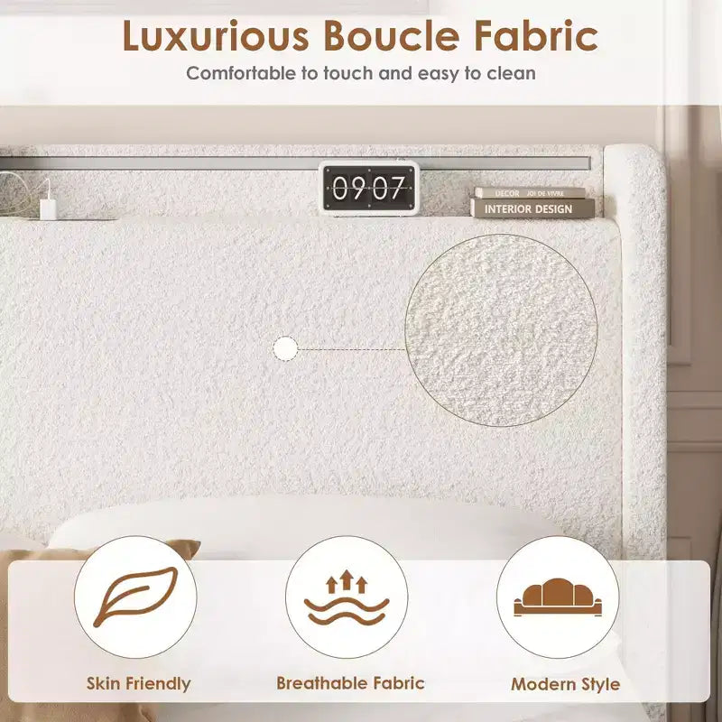 Lit capitonné Boucle avec tête de lit de rangement, station de recharge et lumières LED, cadre de lit plateforme à profil bas avec 4 tiroirs de rangement