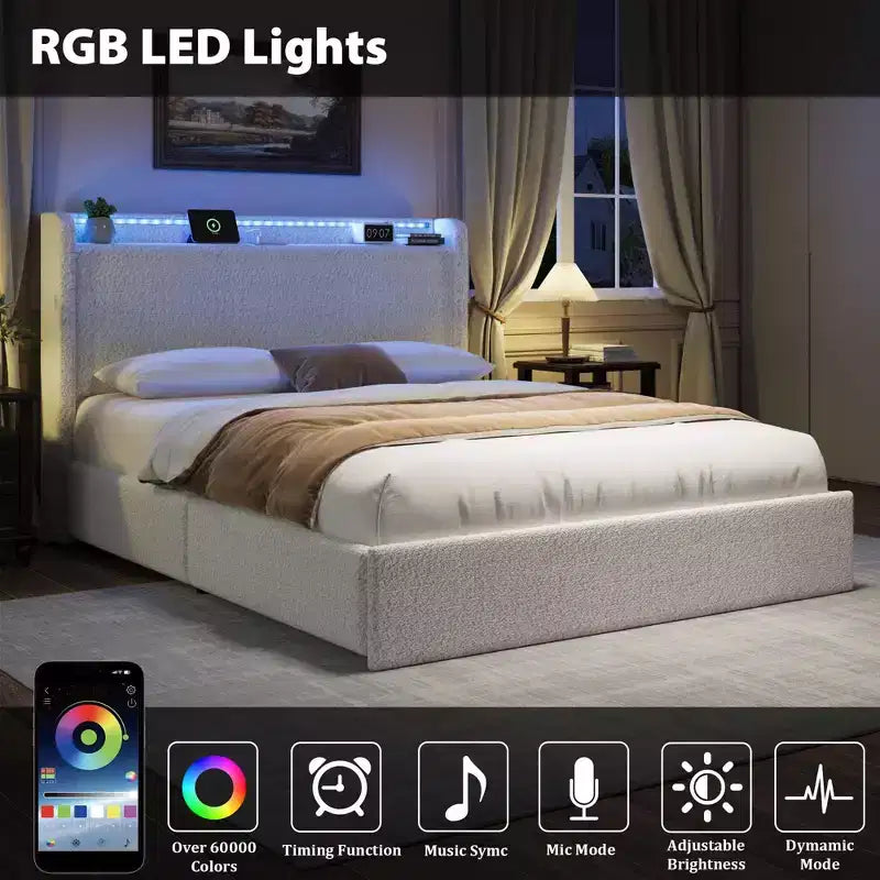 Lit capitonné Boucle avec tête de lit de rangement, station de recharge et lumières LED, cadre de lit plateforme à profil bas avec 4 tiroirs de rangement