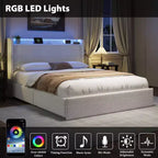 Lit capitonné Boucle avec tête de lit de rangement, station de recharge et lumières LED, cadre de lit plateforme à profil bas avec 4 tiroirs de rangement