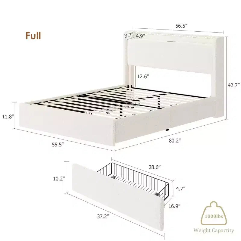 Lit capitonné Boucle avec tête de lit de rangement, station de recharge et lumières LED, cadre de lit plateforme à profil bas avec 4 tiroirs de rangement