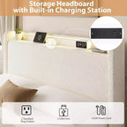 Lit capitonné Boucle avec tête de lit de rangement, station de recharge et lumières LED, cadre de lit plateforme à profil bas avec 4 tiroirs de rangement