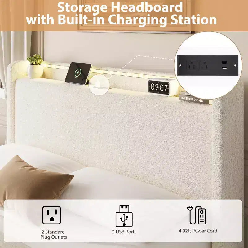 Lit capitonné Boucle avec tête de lit de rangement, station de recharge et lumières LED, cadre de lit plateforme à profil bas avec 4 tiroirs de rangement