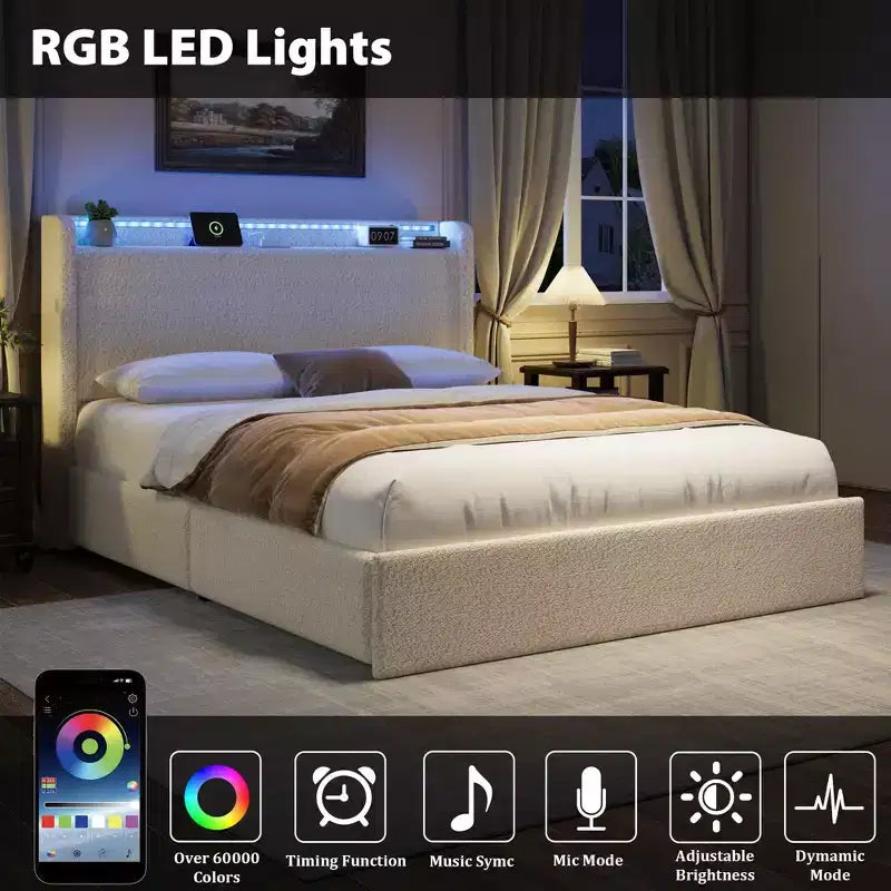 Lit capitonné Boucle avec tête de lit de rangement, station de recharge et lumières LED, cadre de lit plateforme à profil bas avec 4 tiroirs de rangement