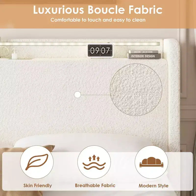 Lit capitonné Boucle avec tête de lit de rangement, station de recharge et lumières LED, cadre de lit plateforme à profil bas avec 4 tiroirs de rangement