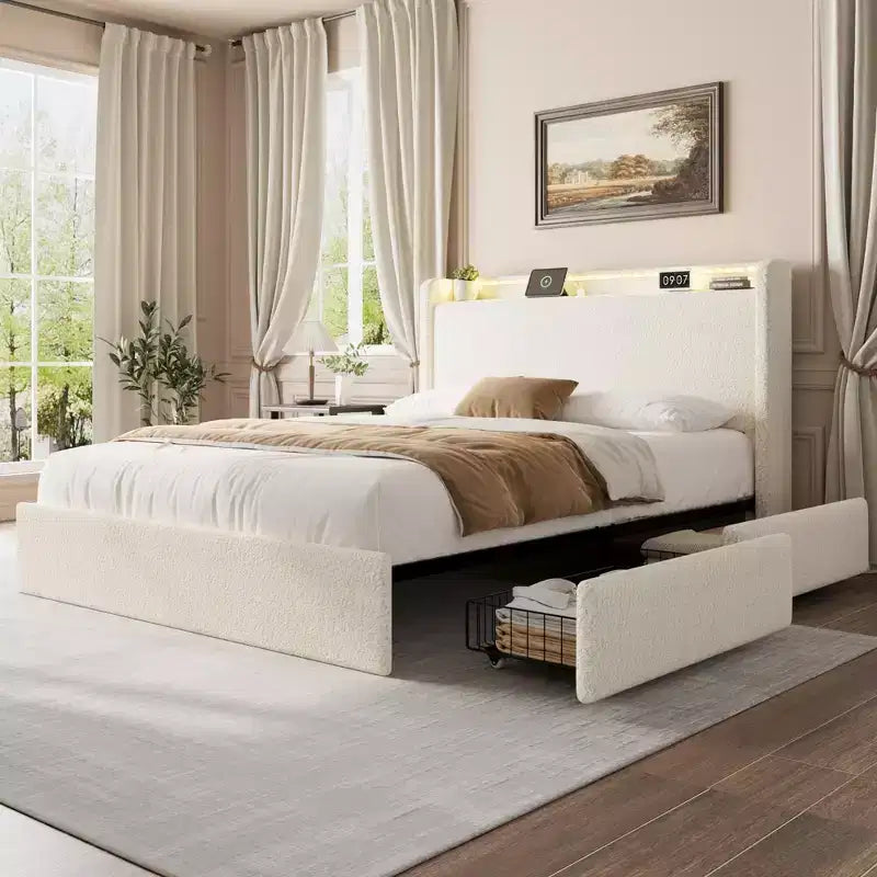 Boucle Bed Frame with Storage Headboard, Charging Station and LED Lights, Upholstered Platform Low Profile Bed Frame with 4 Storage Drawers