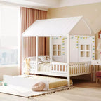 Lit cabane en bois pleine grandeur Whisen avec lit gigogne double, lit de repos en bois