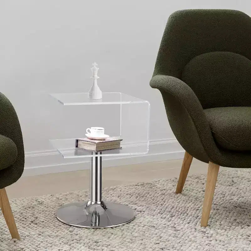 Bekrvio Table d'appoint en acrylique transparent de 40 cm en forme de C avec base en acier inoxydable, petite table de bout moderne à double couche pour canapé, table de chevet dans le salon