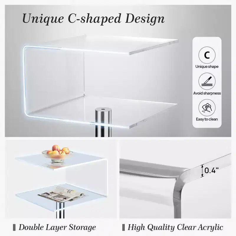 Bekrvio Table d'appoint en acrylique transparent de 40 cm en forme de C avec base en acier inoxydable, petite table de bout moderne à double couche pour canapé, table de chevet dans le salon
