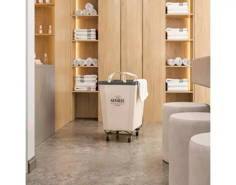 Panier à linge roulant commercial en toile blanc naturel Seville Classics, 22 P x 16 L x 27 H