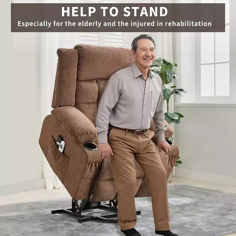 Fauteuil releveur électrique large avec massage et chauffage – Idéal pour les seniors, 3 positions, chargement USB, porte-gobelets, poches latérales