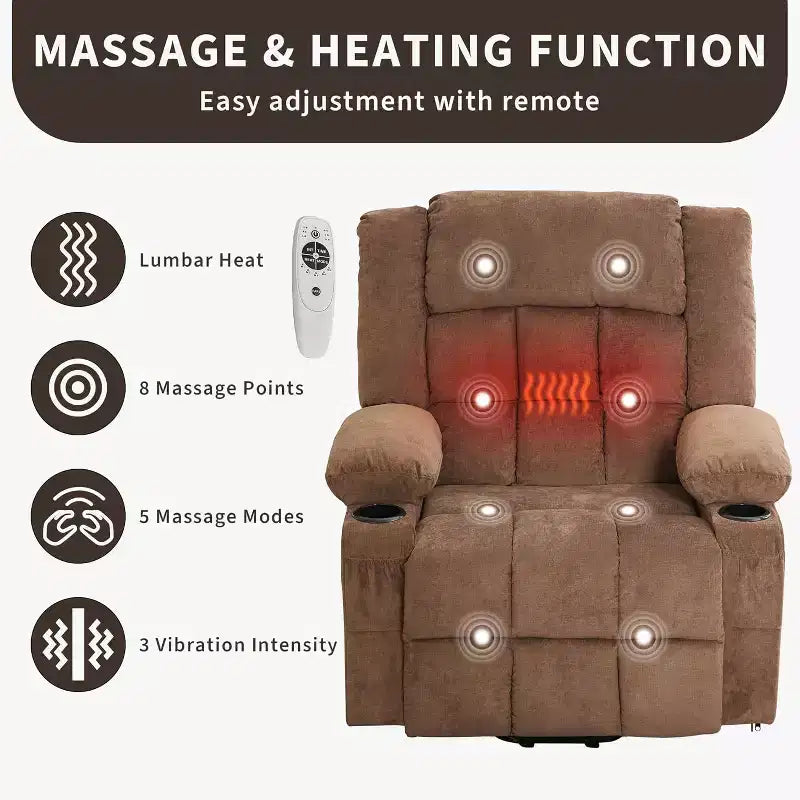 Fauteuil releveur électrique large avec massage et chauffage – Idéal pour les seniors, 3 positions, chargement USB, porte-gobelets, poches latérales