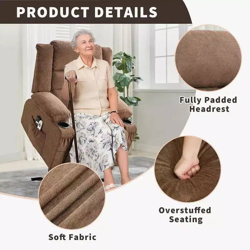 Fauteuil releveur électrique large avec massage et chauffage – Idéal pour les seniors, 3 positions, chargement USB, porte-gobelets, poches latérales