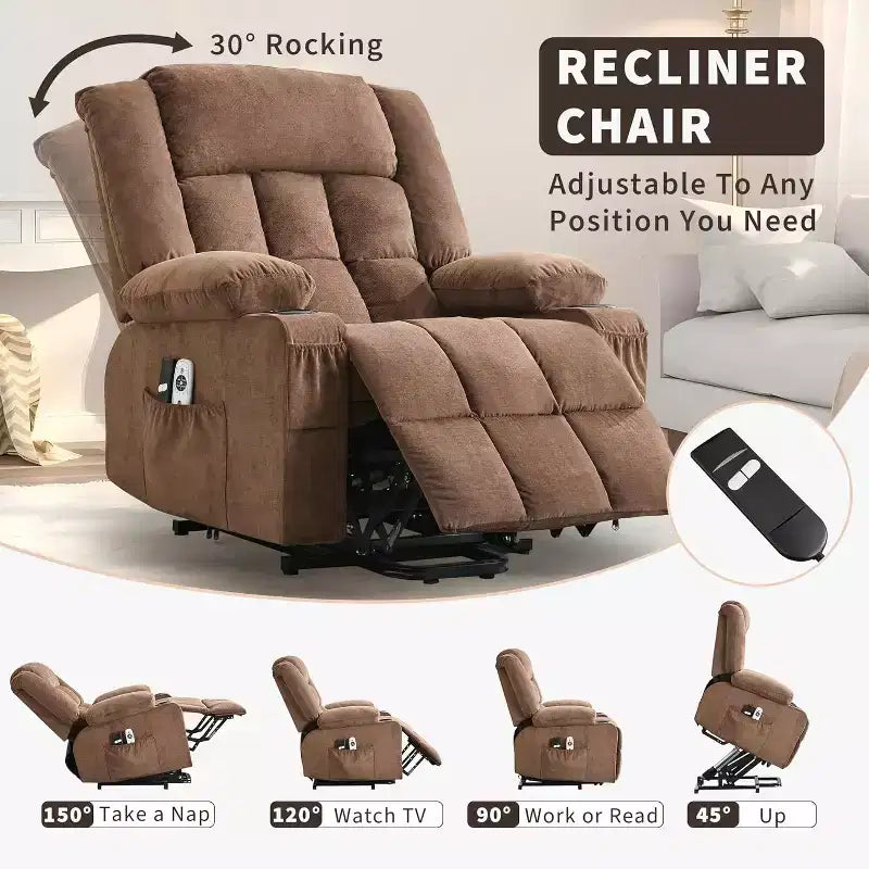 Fauteuil releveur électrique large avec massage et chauffage – Idéal pour les seniors, 3 positions, chargement USB, porte-gobelets, poches latérales