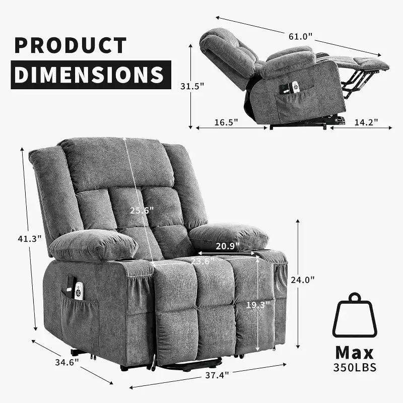 Fauteuil releveur électrique large avec massage et chauffage – Idéal pour les seniors, 3 positions, chargement USB, porte-gobelets, poches latérales