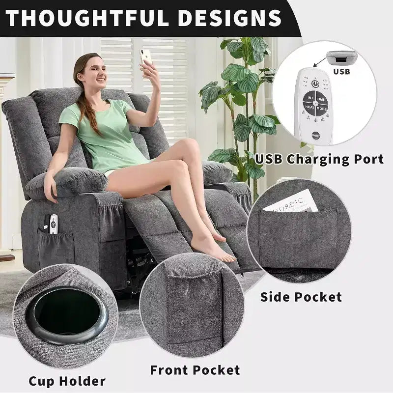 Fauteuil releveur électrique large avec massage et chauffage – Idéal pour les seniors, 3 positions, chargement USB, porte-gobelets, poches latérales
