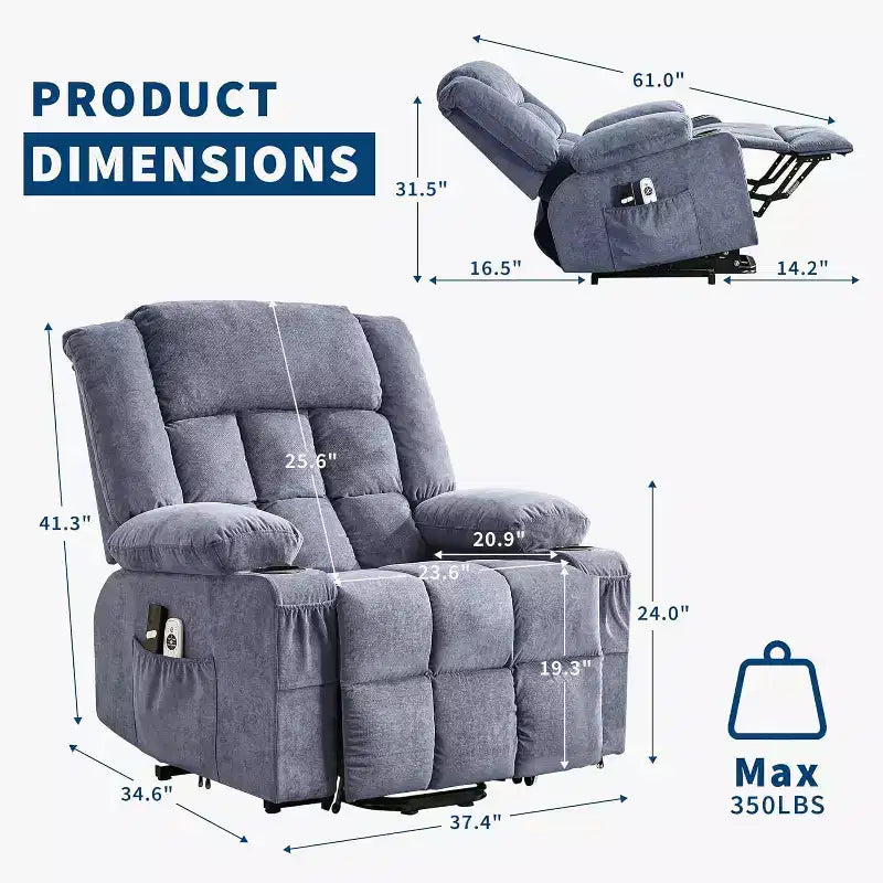 Fauteuil releveur électrique large avec massage et chauffage – Idéal pour les seniors, 3 positions, chargement USB, porte-gobelets, poches latérales
