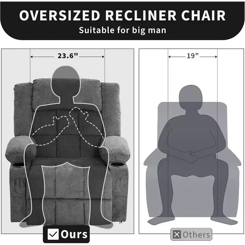 Fauteuil releveur électrique large avec massage et chauffage – Idéal pour les seniors, 3 positions, chargement USB, porte-gobelets, poches latérales