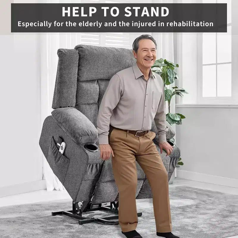 Fauteuil releveur électrique large avec massage et chauffage – Idéal pour les seniors, 3 positions, chargement USB, porte-gobelets, poches latérales