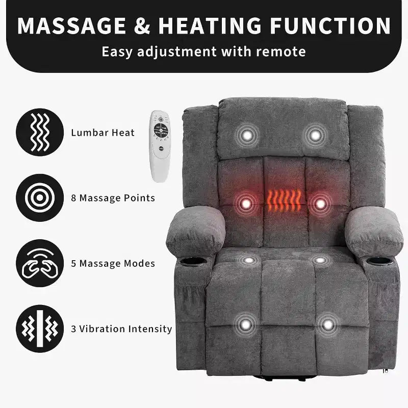 Fauteuil releveur électrique large avec massage et chauffage – Idéal pour les seniors, 3 positions, chargement USB, porte-gobelets, poches latérales