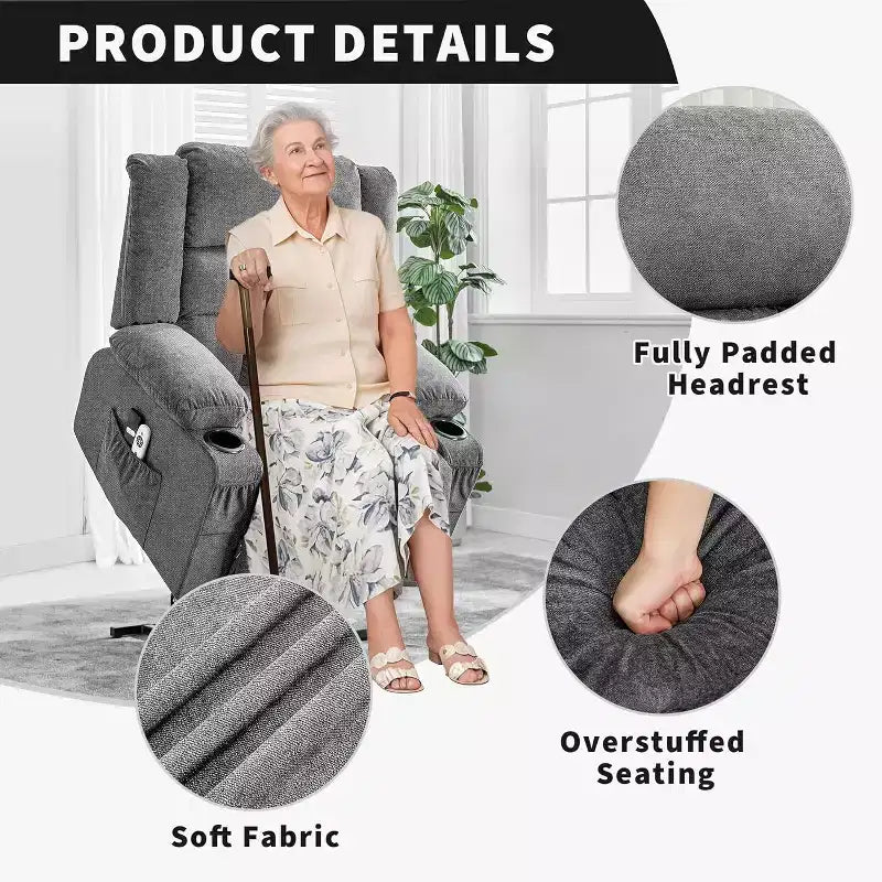 Fauteuil releveur électrique large avec massage et chauffage – Idéal pour les seniors, 3 positions, chargement USB, porte-gobelets, poches latérales