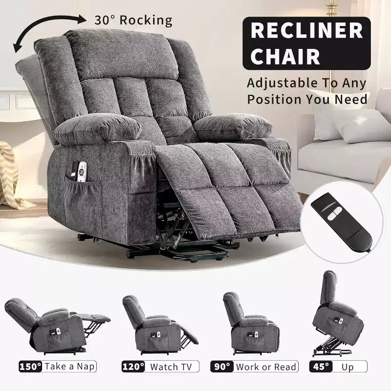 Fauteuil releveur électrique large avec massage et chauffage – Idéal pour les seniors, 3 positions, chargement USB, porte-gobelets, poches latérales