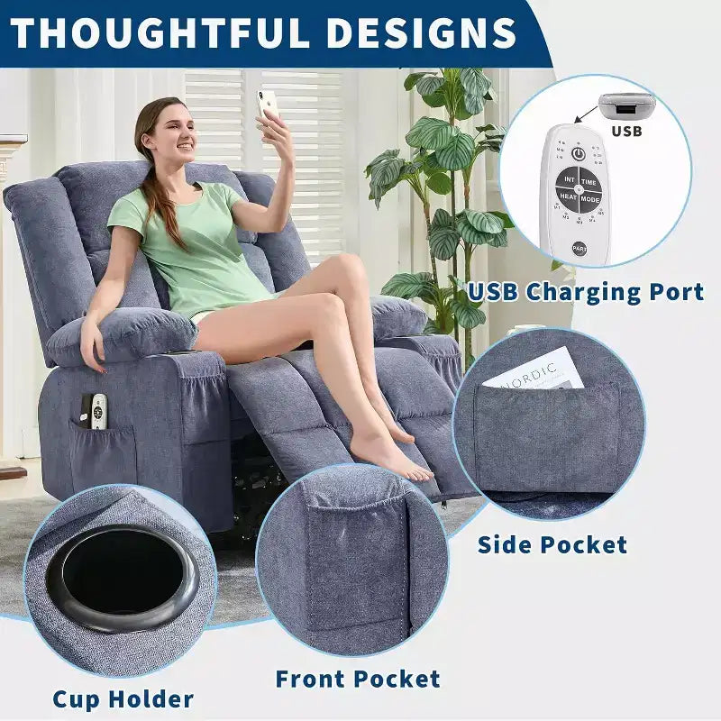 Fauteuil releveur électrique large avec massage et chauffage – Idéal pour les seniors, 3 positions, chargement USB, porte-gobelets, poches latérales