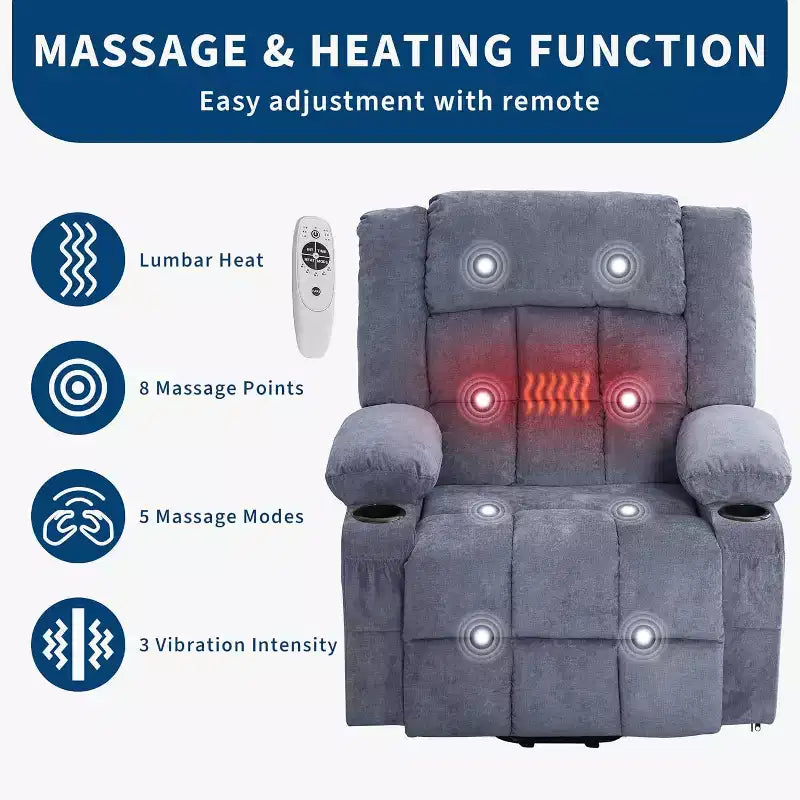 Fauteuil releveur électrique large avec massage et chauffage – Idéal pour les seniors, 3 positions, chargement USB, porte-gobelets, poches latérales