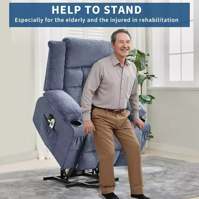 Fauteuil releveur électrique large avec massage et chauffage – Idéal pour les seniors, 3 positions, chargement USB, porte-gobelets, poches latérales
