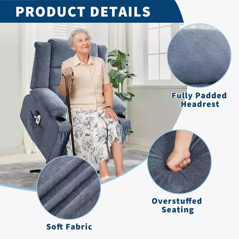 Fauteuil releveur électrique large avec massage et chauffage – Idéal pour les seniors, 3 positions, chargement USB, porte-gobelets, poches latérales