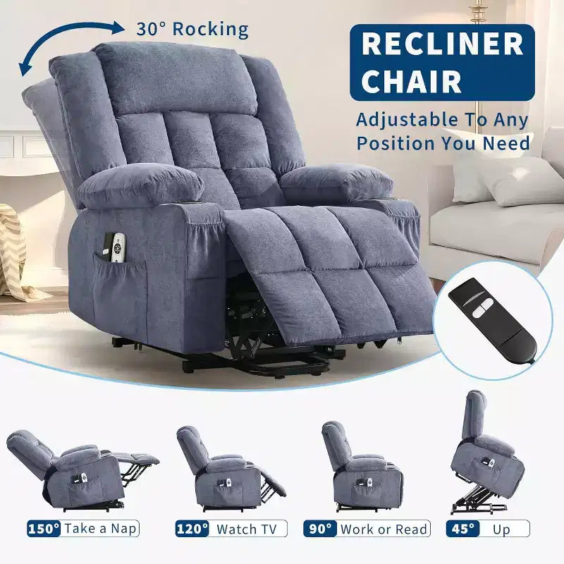 Fauteuil releveur électrique large avec massage et chauffage – Idéal pour les seniors, 3 positions, chargement USB, porte-gobelets, poches latérales