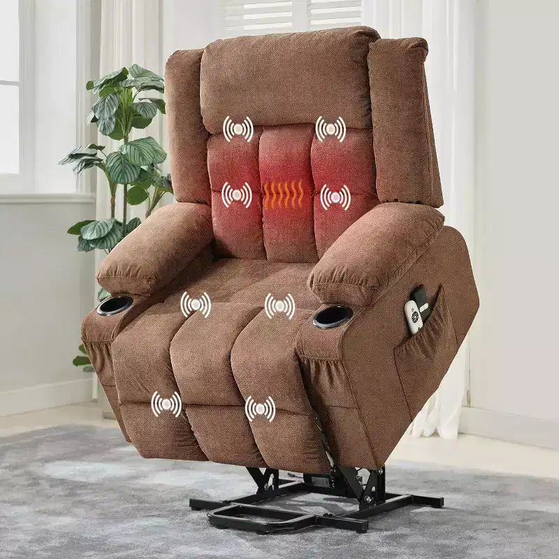 Fauteuil releveur électrique large avec massage et chauffage – Idéal pour les seniors, 3 positions, chargement USB, porte-gobelets, poches latérales