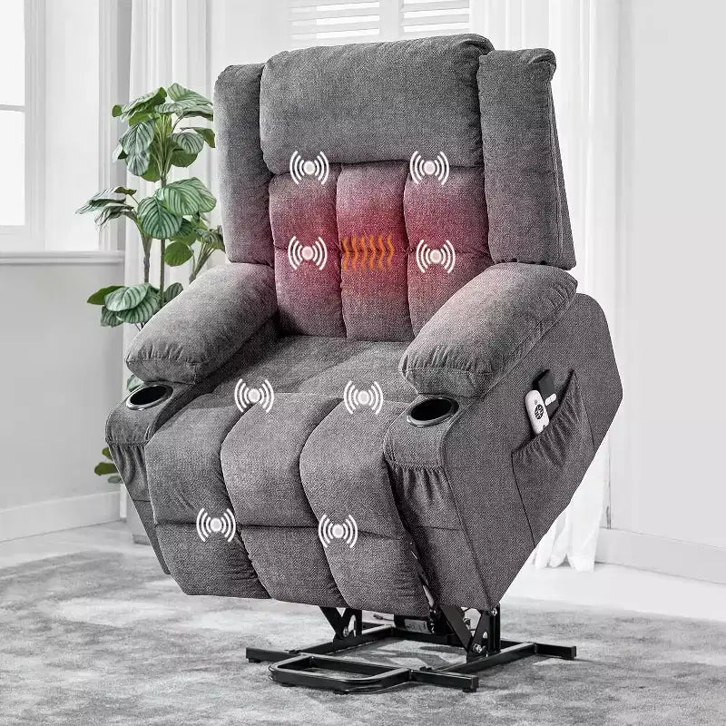 Fauteuil releveur électrique large avec massage et chauffage – Idéal pour les seniors, 3 positions, chargement USB, porte-gobelets, poches latérales