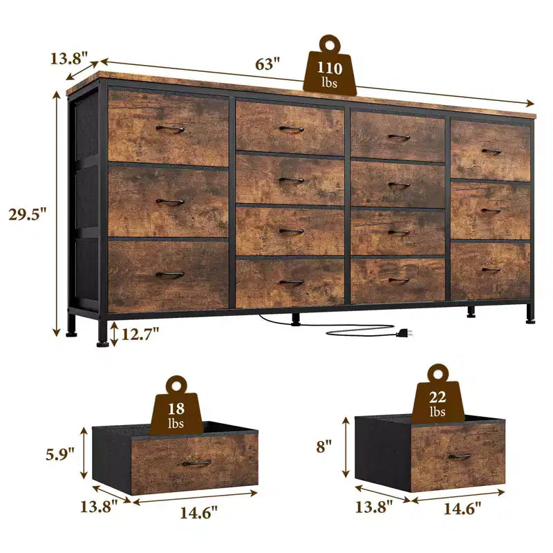 Commode de 160 cm avec 14 tiroirs en tissu, meuble TV commode large avec ports USB intégrés