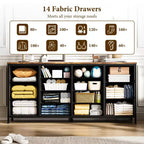 Commode de 160 cm avec 14 tiroirs en tissu, meuble TV commode large avec ports USB intégrés