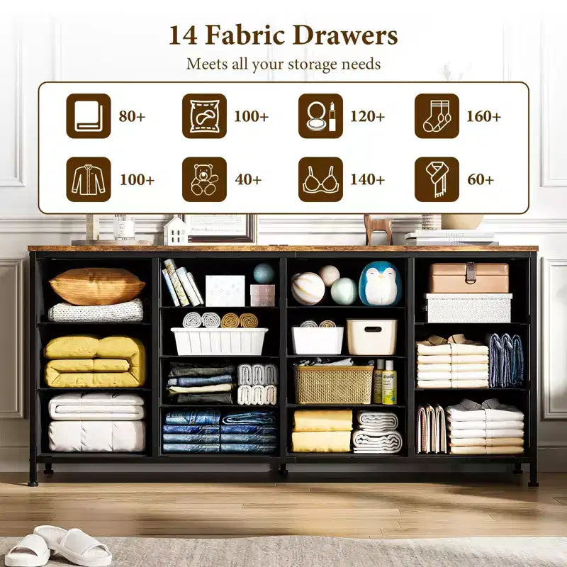 Commode de 160 cm avec 14 tiroirs en tissu, meuble TV commode large avec ports USB intégrés