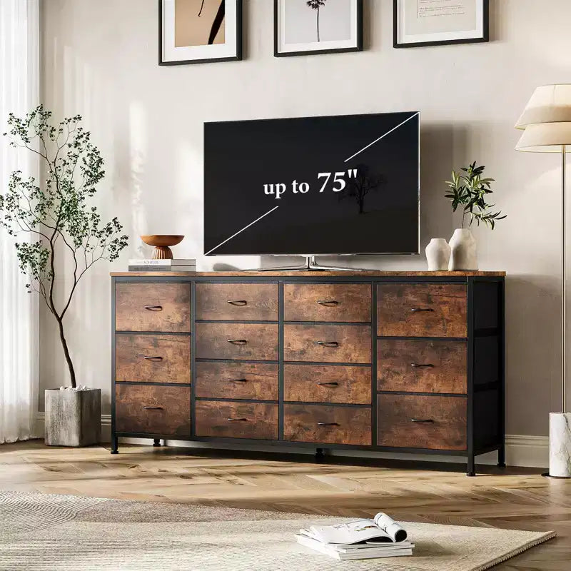 Commode de 160 cm avec 14 tiroirs en tissu, meuble TV commode large avec ports USB intégrés