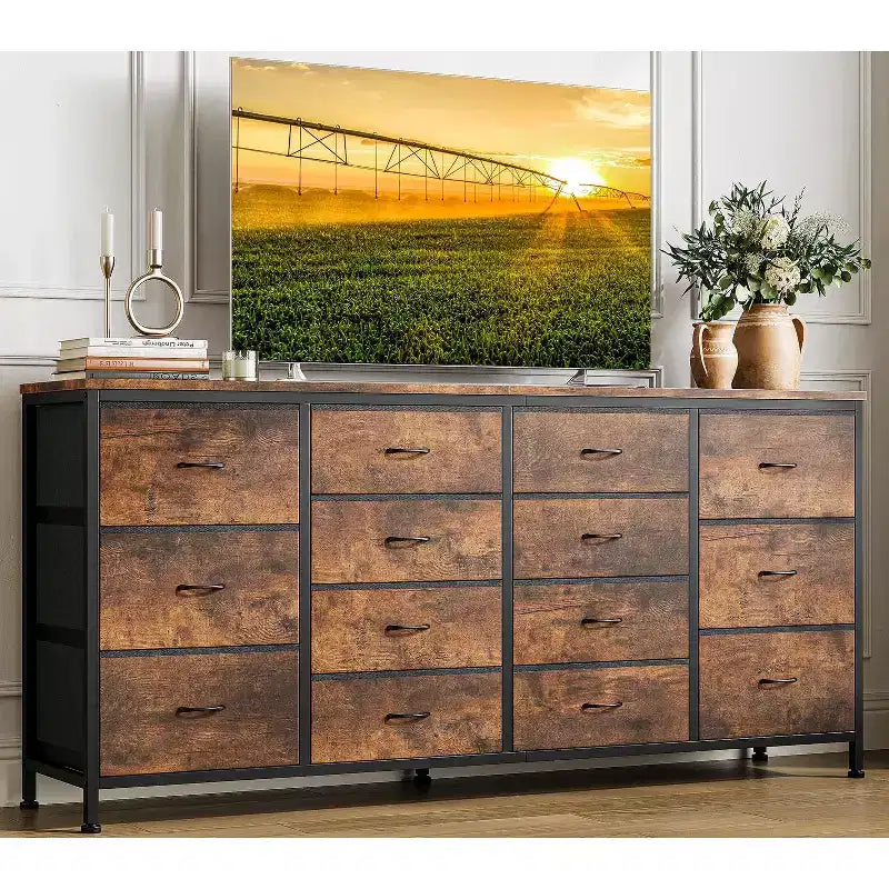 Commode de 160 cm avec 14 tiroirs en tissu, meuble TV commode large avec ports USB intégrés