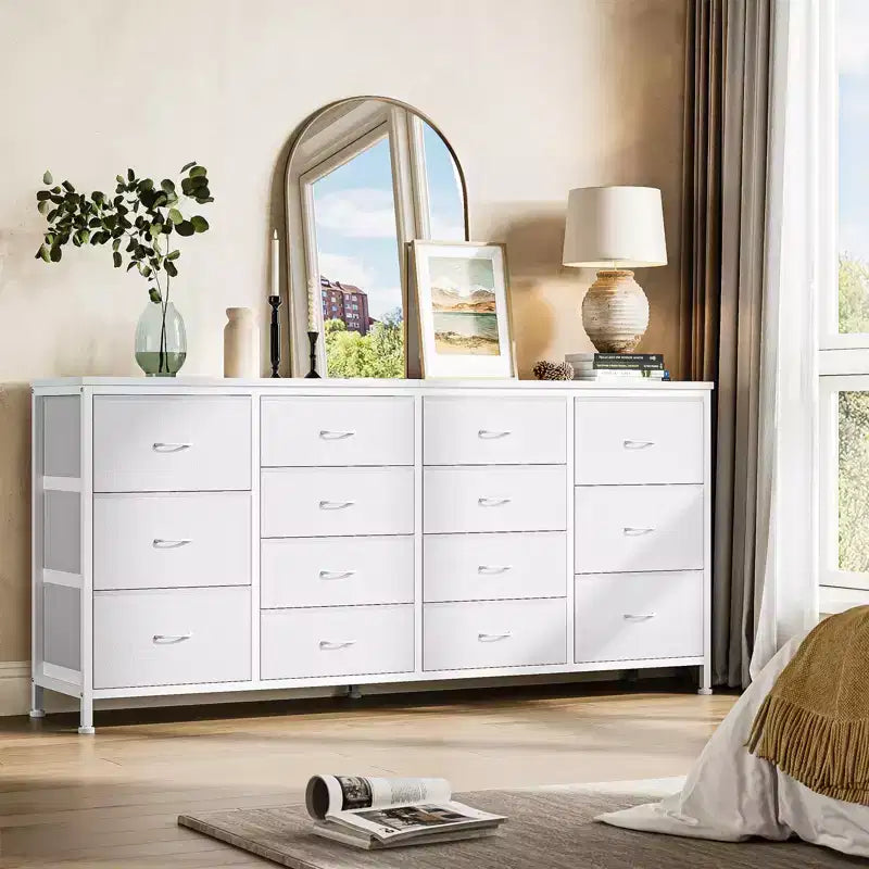 Commode de 160 cm avec 14 tiroirs en tissu, meuble TV commode large avec ports USB intégrés