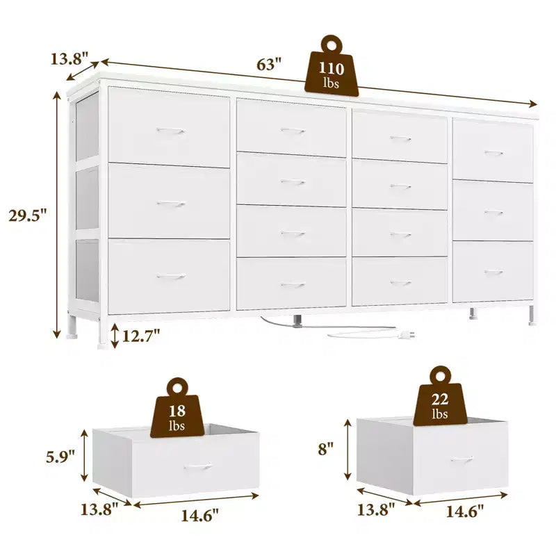 Commode de 160 cm avec 14 tiroirs en tissu, meuble TV commode large avec ports USB intégrés