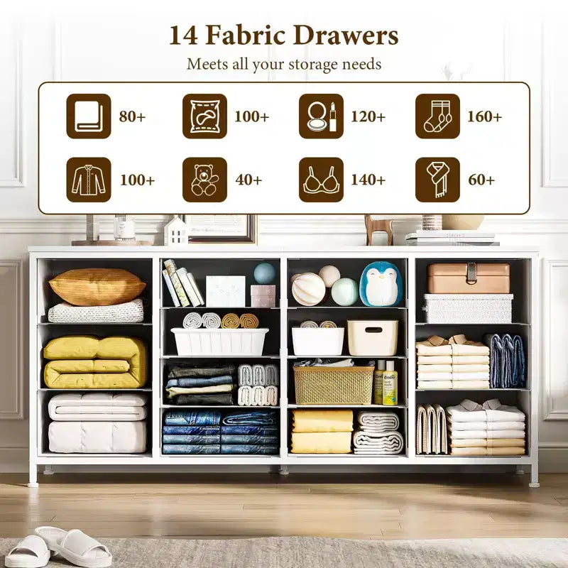 Commode de 160 cm avec 14 tiroirs en tissu, meuble TV commode large avec ports USB intégrés