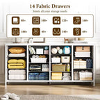 Commode de 160 cm avec 14 tiroirs en tissu, meuble TV commode large avec ports USB intégrés