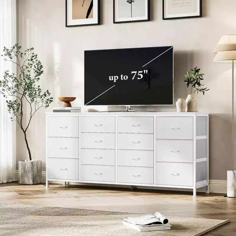 Commode de 160 cm avec 14 tiroirs en tissu, meuble TV commode large avec ports USB intégrés
