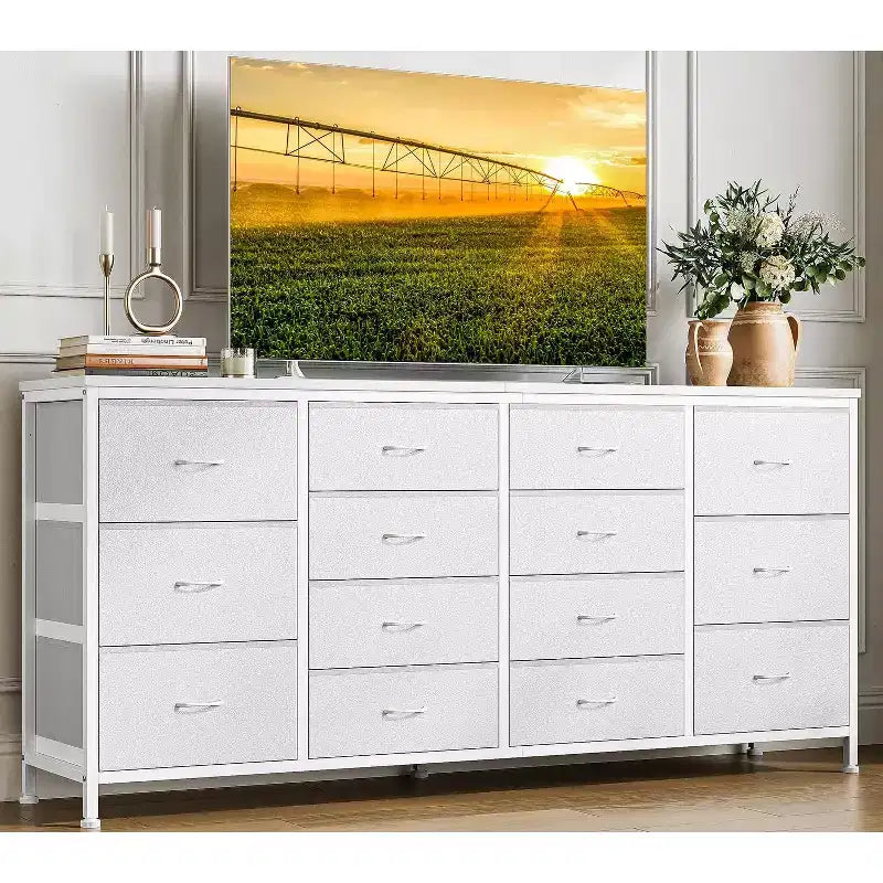 Commode de 160 cm avec 14 tiroirs en tissu, meuble TV commode large avec ports USB intégrés